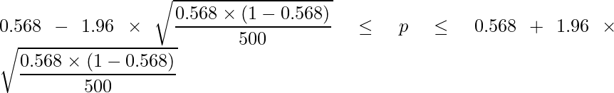  \displaystyle 0.568-1.96 \times \sqrt{\frac{0.568\times(1-0.568)}{500}} \leq p \leq 0.568 + 1.96 \times \sqrt{\frac{0.568\times(1-0.568)}{500}}  