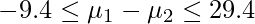  \displaystyle -9.4 \leq \mu_{1}-\mu_{2} \leq 29.4 