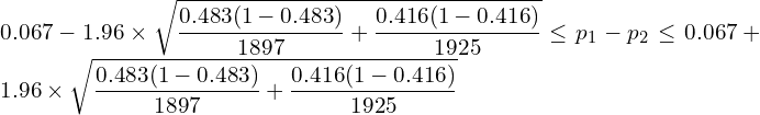  \displaystyle 0.067-1.96 \times \sqrt{\frac{0.483(1-0.483)}{1897}+\frac{0.416(1-0.416)}{1925}} \leq p_1-p_2 \leq 0.067+1.96 \times \sqrt{\frac{0.483(1-0.483)}{1897}+\frac{0.416(1-0.416)}{1925}} 