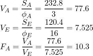  \displaystyle V_A = \frac{S_A}{\phi_A} = \frac{232.8}{3}= 77.6 \\ V_E = \frac{S_E}{\phi_E} = \frac{120.4}{16}=7.525 \\ F_A = \frac{V_A}{V_E} = \frac{77.6}{7.525} =10.3 