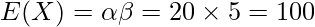  \displaystyle E(X) = \alpha \beta = 20 \times 5 = 100 