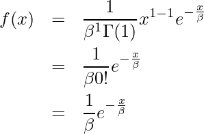  \begin{eqnarray*} \displaystyle f(x) &=& {\frac{1}{\beta^1 \Gamma(1)} x^{1 - 1}e^{-\frac{x}{\beta}}} \\ &=& {\frac{1}{\beta 0!}e^{-\frac{x}{\beta}}} \\ &=& {\frac{1}{\beta}e^{-\frac{x}{\beta}}} \\ \end{eqnarray*} 