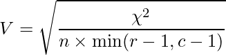  \displaystyle V = \sqrt{\frac{\chi^2}{n \times \min (r-1,c-1)}} 