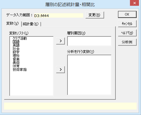 ダイアログ［層別の記述統計量・相関比］ - ［変数］タブ1