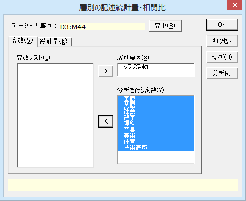 ダイアログ［層別の記述統計量・相関比］ - ［変数］タブ2