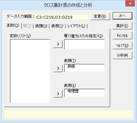 ［クロス集計表の作成と分析］ダイアログ［変数］タブ