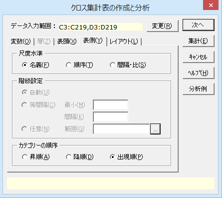 ［クロス集計表の作成と分析］ダイアログ［表側］タブ