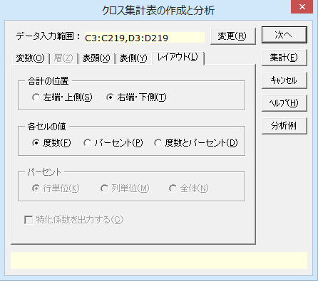 ［クロス集計表の作成と分析］ダイアログ［レイアウト］タブ