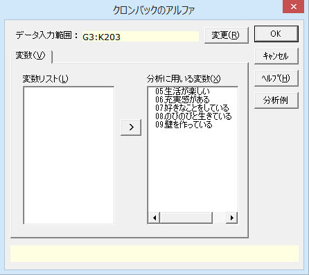 ［クロンバックのアルファ］ダイアログ［変数］タブ