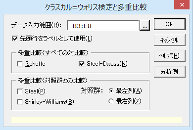 クラスカル=ウォリス検定と多重比較のダイアログ