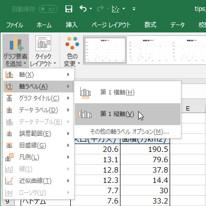 デザイン］タブ［グラフ要素を追加］メニュー