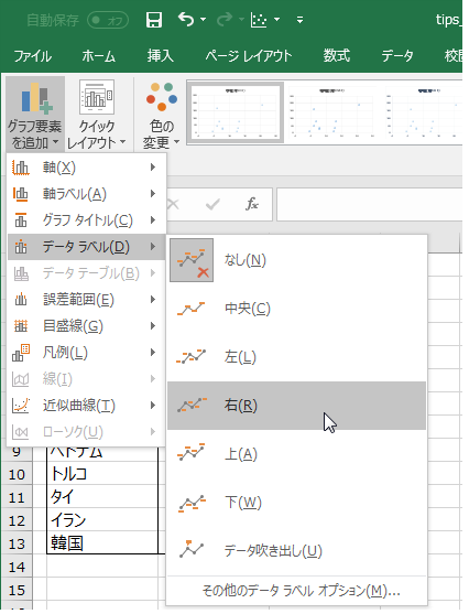 ［デザイン］タブ［グラフ要素を追加］メニュー（データラベル追加）