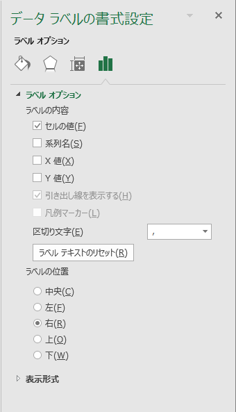 「データラベルの書式設定」ウインドウ