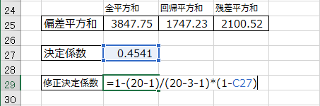 自由度修正済み決定係数を求める数式の入力