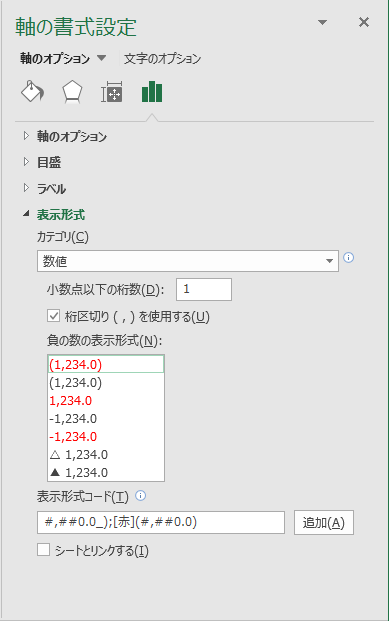 「軸の書式設定」の［表示形式］