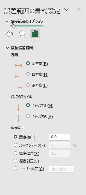 ［データ系列の書式設定］ウィンドウ［X誤差範囲］タブ